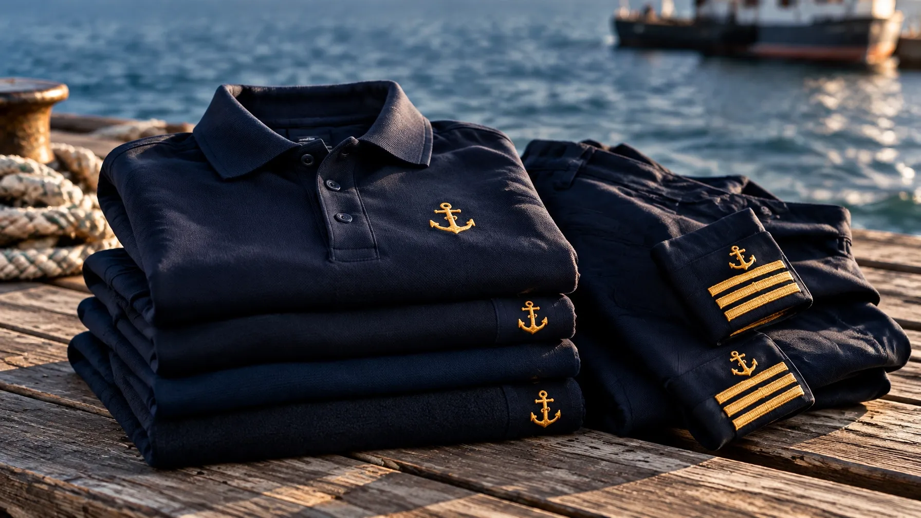 Folded navy crew uniforms with gold embroidery
