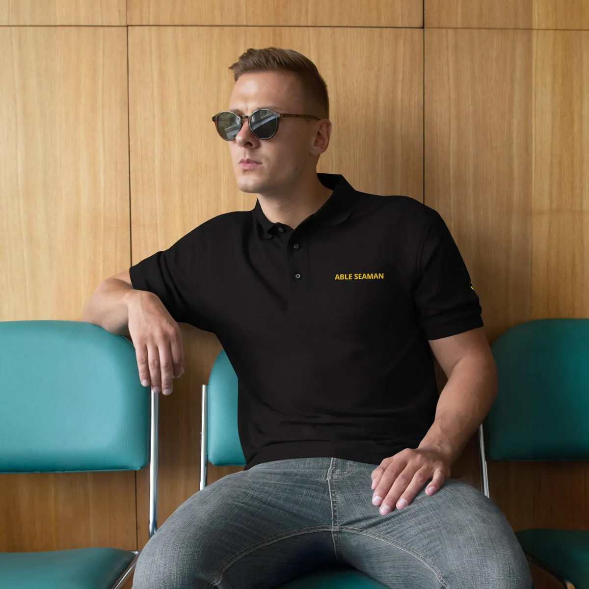 Black embroidered polo shirt for maritime crews